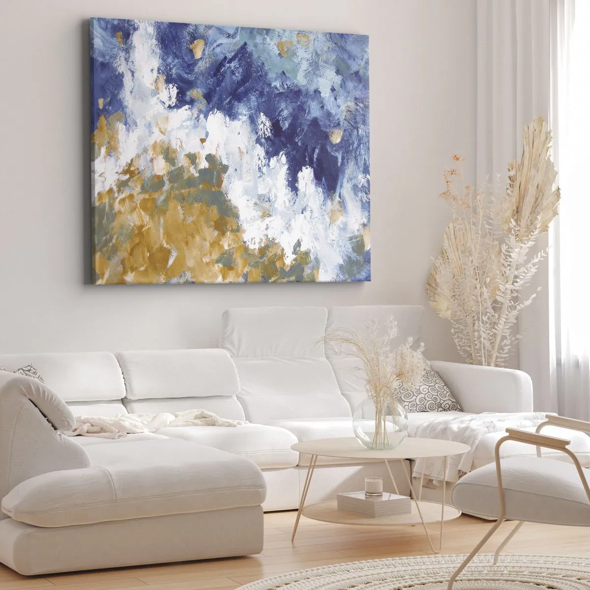 Impression sur toile - Image sur toile - Abstraction dans les tons de bleu, blanc et or - 120x80cm - Danse des éléments - Décoration murale moderne pour le salon et la chambre ARTTOR