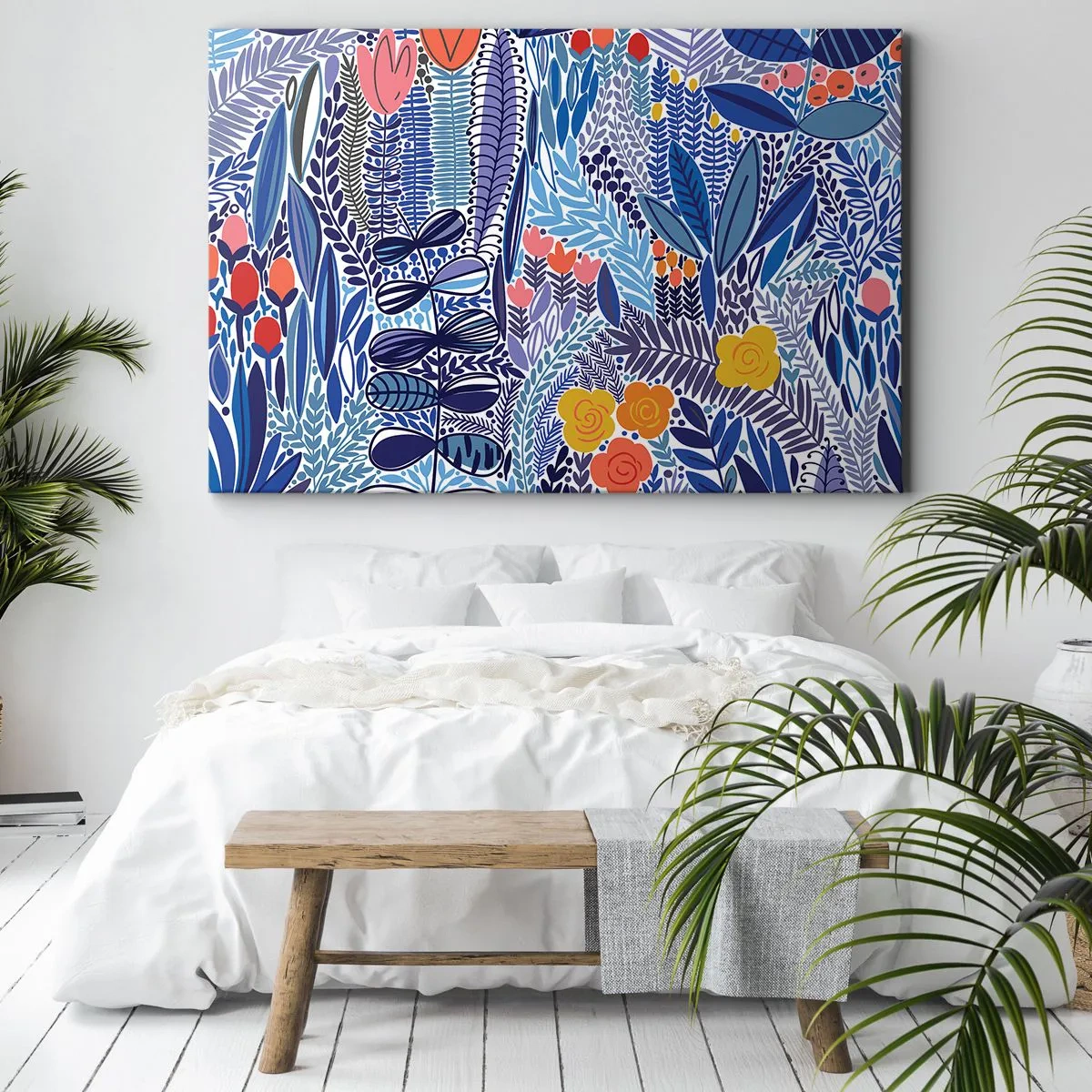 Impression sur toile - Image sur toile - Un motif végétal coloré dans un style graphique moderne - 70x50cm - Jardin hawaïen - Décoration murale moderne pour le salon et la chambre ARTTOR