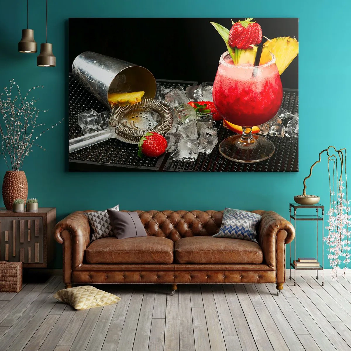 Impression sur toile - Image sur toile - Un cocktail coloré avec des fraises, de la glace et de l'ananas - 100x70cm - Envouter le goût - Décoration murale moderne pour le salon et la chambre ARTTOR