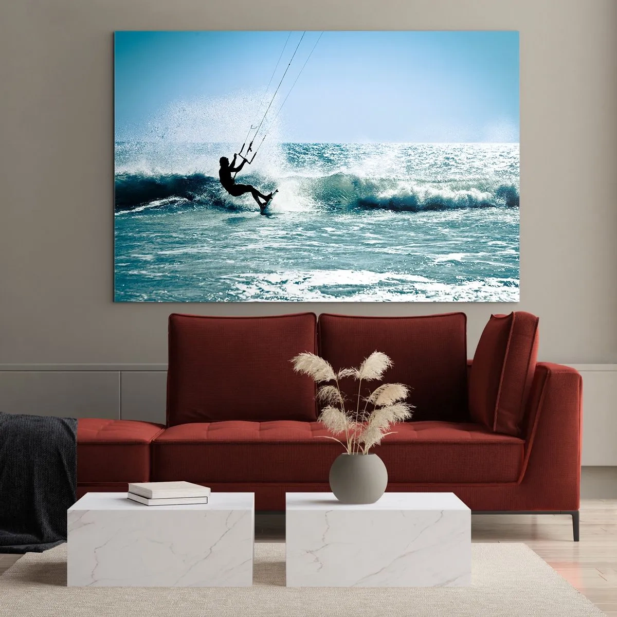Impression sur verre - Image sur verre - Kitesurfeur sur les vagues de l'océan par une journée ensoleillée - 100x70cm - On se laisse emporter - Décoration murale moderne pour le salon et la chambre ARTTOR