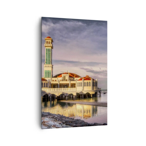 Impression sur toile - Image sur toile - Un bâtiment impressionnant avec un minaret sur l'eau entouré d'un paysage paisible - 80x120cm - Temple de la nature - Décoration murale moderne pour le salon et la chambre ARTTOR