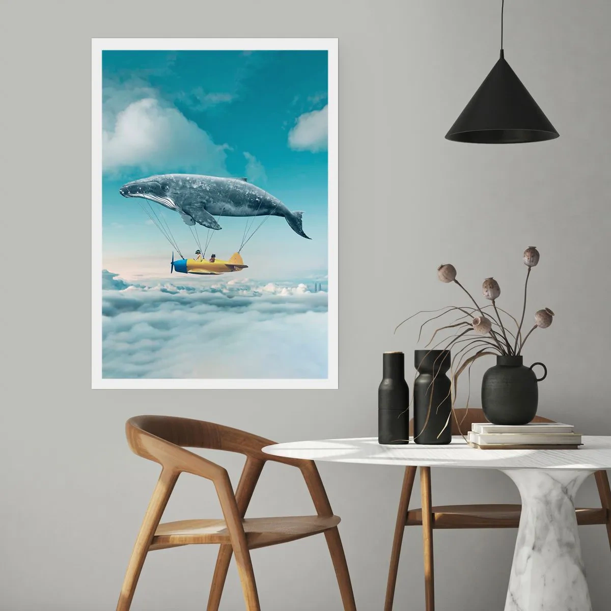 Affiche - Poster - Une image fantastique d'une baleine soulevant un avion au-dessus des nuages. - 50x70cm - Pourquoi pas? - Décoration murale moderne pour le salon et la chambre ARTTOR