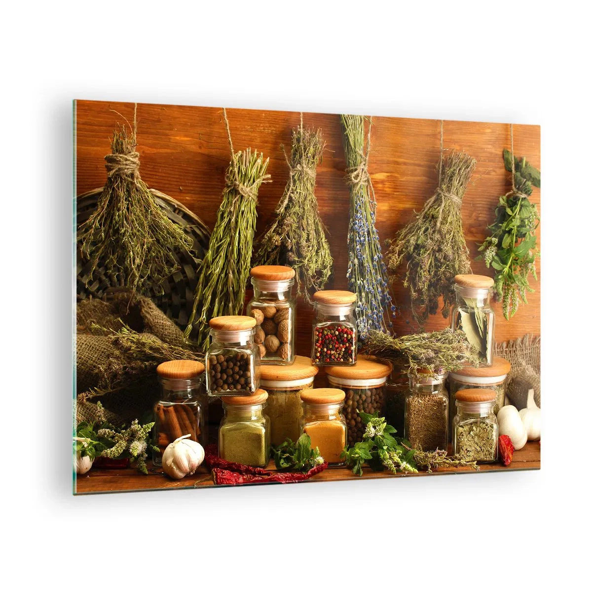 Impression sur verre - Image sur verre - Herbes et épices en pots sur fond de bois - 70x50cm - Sortilèges de cuisine - Décoration murale moderne pour le salon et la chambre ARTTOR