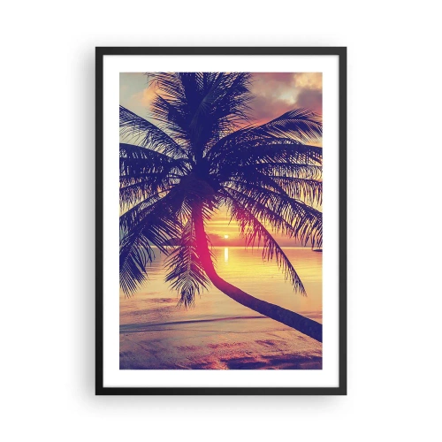 Affiche dans un cadre noir - Poster - Palmier au coucher du soleil surplombant une mer calme - 50x70cm - Soirée sous les palmiers - Décoration murale moderne pour le salon et la chambre ARTTOR