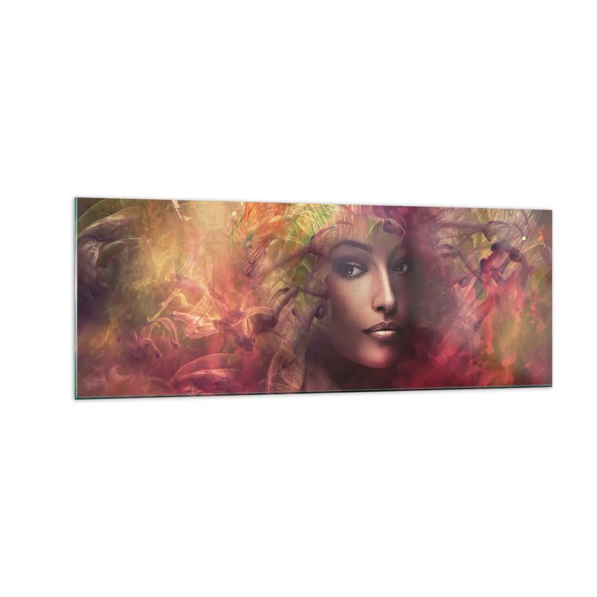 Impression sur verre - Image sur verre - Une femme aux couleurs abstraites créant un arrière-plan dynamique - 140x50cm - Je suis ici! - Décoration murale moderne pour le salon et la chambre ARTTOR