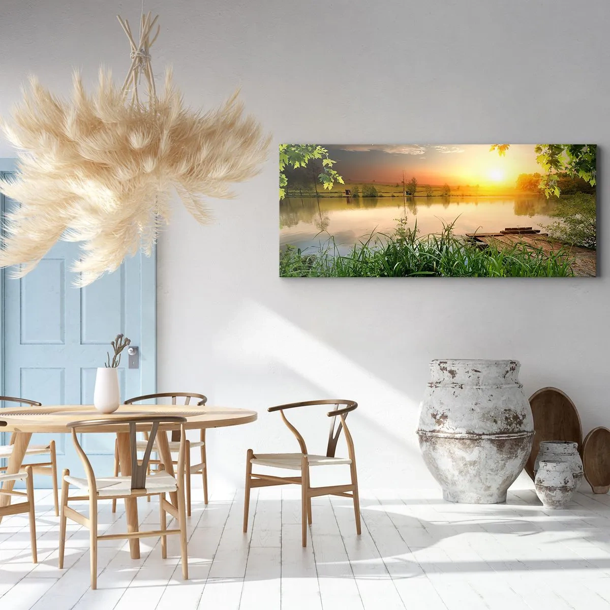 Impression sur toile - Image sur toile - Paysage verdoyant avec un lac au coucher du soleil - 140x50cm - Paysage dans un cadre verdoyant - Décoration murale moderne pour le salon et la chambre ARTTOR