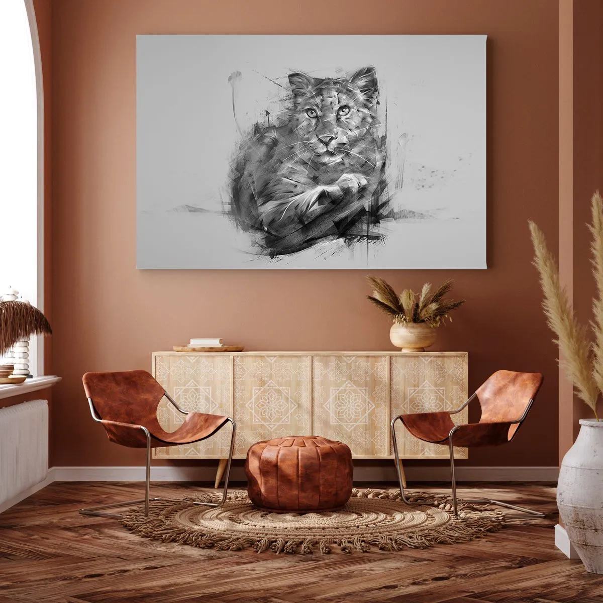 Impression sur toile - Image sur toile - Portrait noir et blanc d'un lion dans un style artistique avec des traits dynamiques. - 120x80cm - Oui, j'écoute attentivement - Décoration murale moderne pour le salon et la chambre ARTTOR
