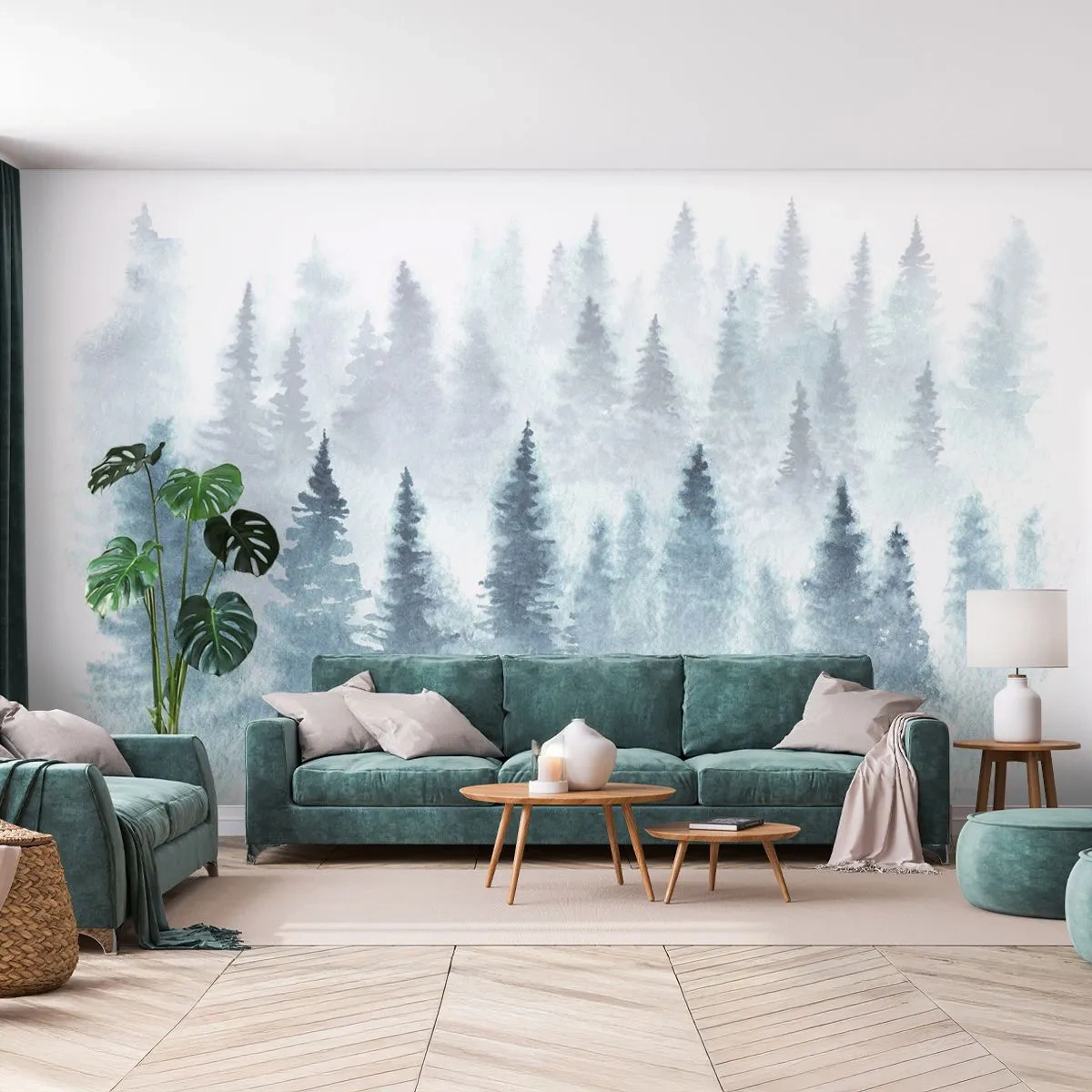 Papier Peint Photo Premium Sand - Paysage brumeux à l'aquarelle avec une forêt de conifères - 100x70cm - Enveloppé de brouillard - Décoration murale moderne pour le salon et la chambre ARTTOR