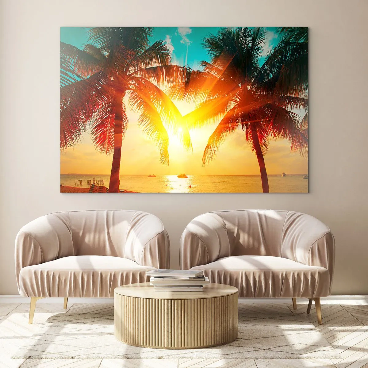Impression sur verre - Image sur verre - Palmiers ensoleillés sur une plage tropicale - 120x80cm - Couple exotique - Décoration murale moderne pour le salon et la chambre ARTTOR
