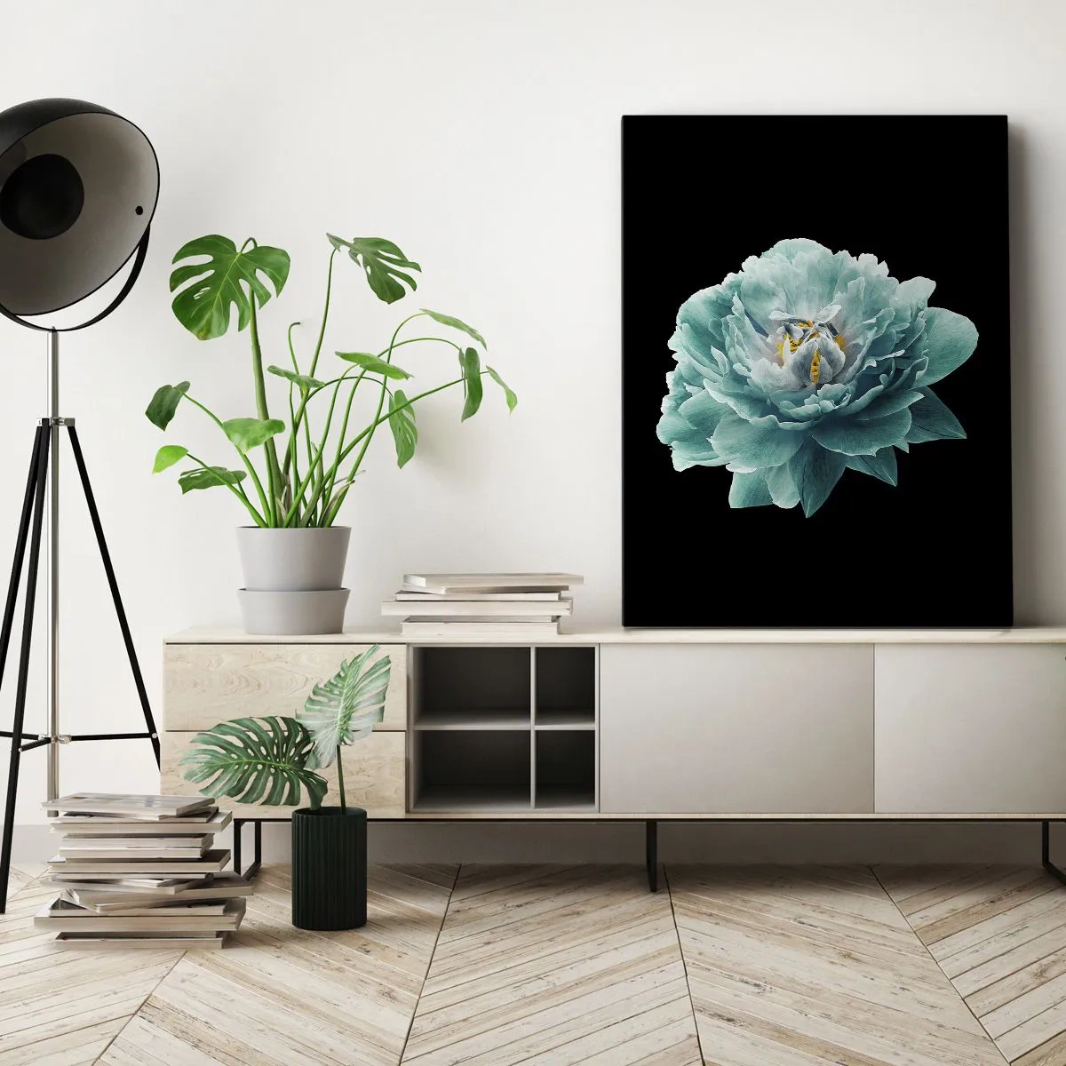 Impression sur toile - Image sur toile - Fleur de pivoine turquoise sur fond noir - 80x120cm - Pétales bleus et dorés - Décoration murale moderne pour le salon et la chambre ARTTOR