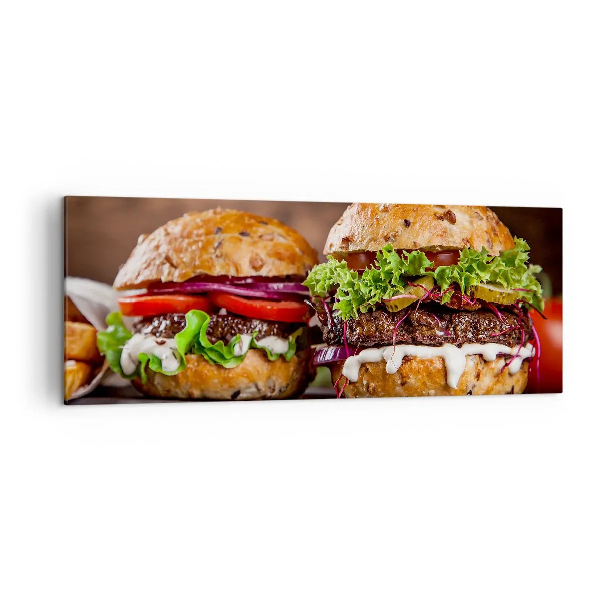 Impression sur toile - Image sur toile - Burgers appétissants avec légumes et sauce - 140x50cm - American dream - Décoration murale moderne pour le salon et la chambre ARTTOR