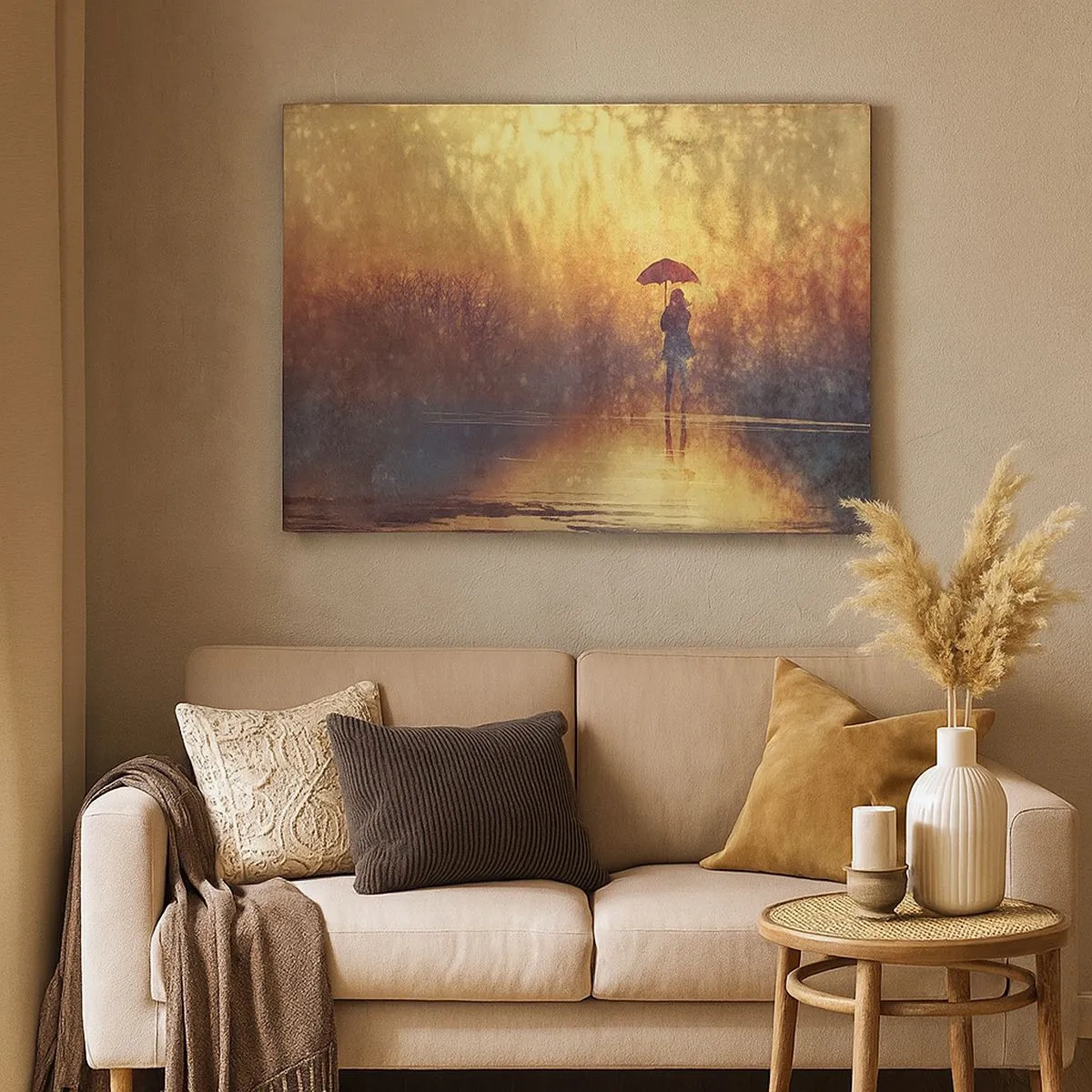 Impression sur toile - Image sur toile - Une silhouette avec un parapluie dans un paysage brumeux plein de reflets - 70x50cm - Je sens que quelqu'un me regarde - Décoration murale moderne pour le salon et la chambre ARTTOR