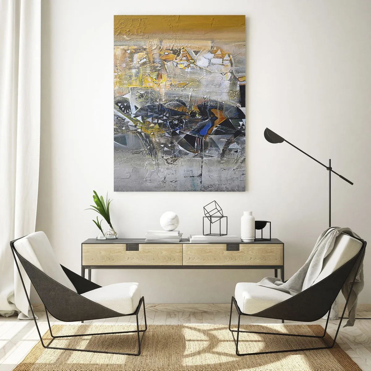 Impression sur verre - Image sur verre - Abstraction avec des nuances dominantes de jaune et de gris - 80x120cm - Tout se met en place - Décoration murale moderne pour le salon et la chambre ARTTOR