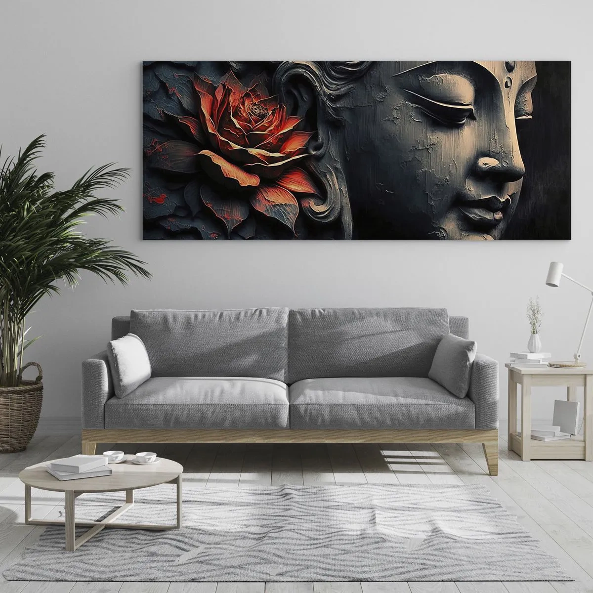 Impression sur verre - Image sur verre - Sculpture de Bouddha avec une fleur de lotus rouge - 160x50cm - En harmonie avec le monde - Décoration murale moderne pour le salon et la chambre ARTTOR
