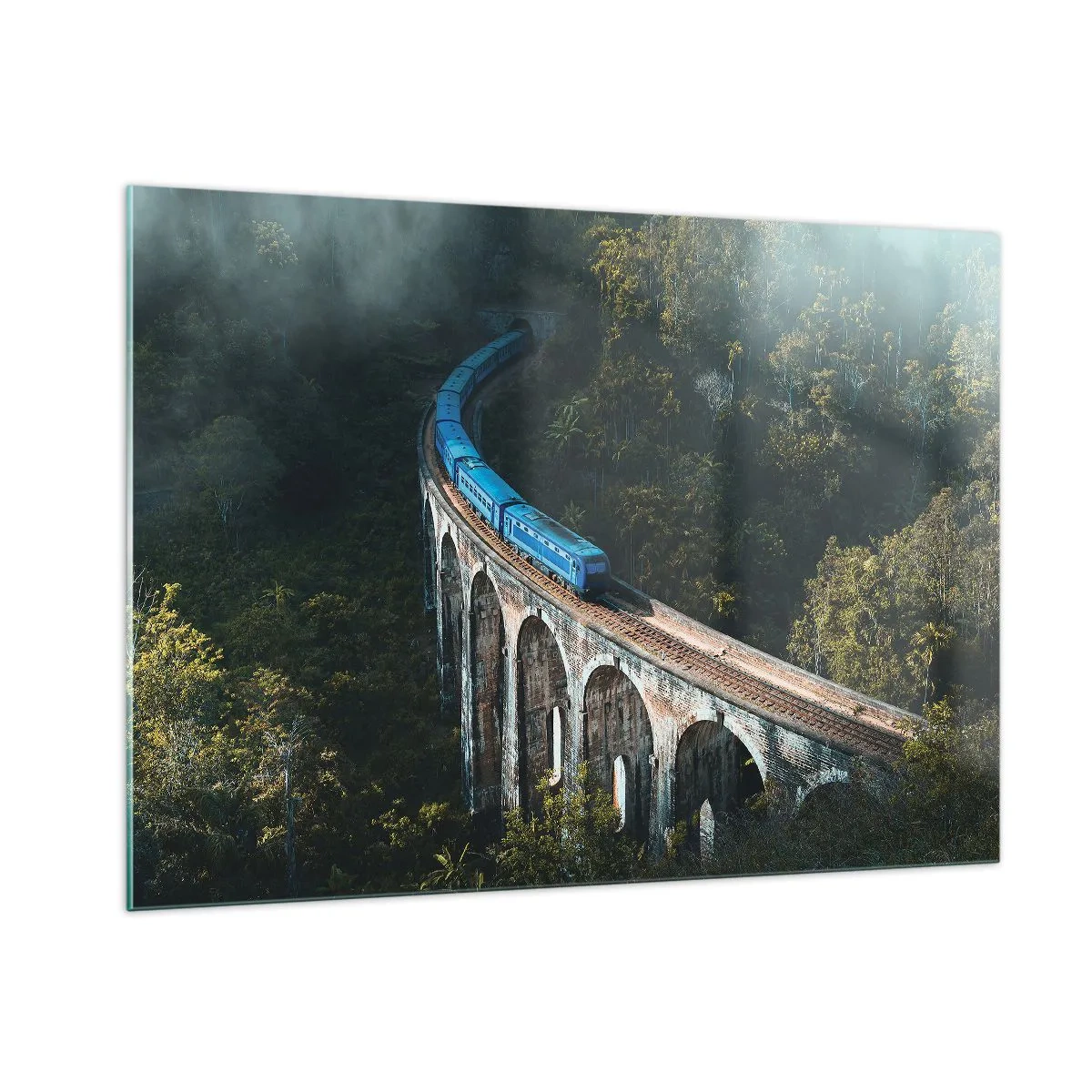 Impression sur verre - Image sur verre - Un train bleu circulant sur un viaduc en pierre dans la forêt - 100x70cm - Train nature - Décoration murale moderne pour le salon et la chambre ARTTOR