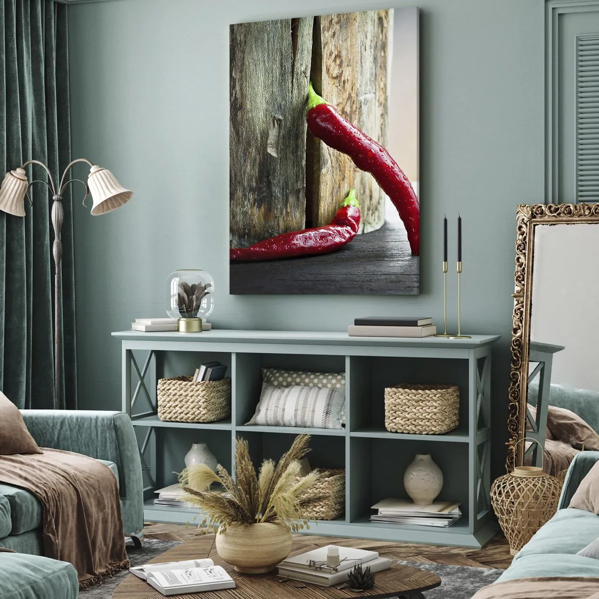 Impression sur toile - Image sur toile - Deux piments rouges sur un fond en bois avec un accent rustique - 50x70cm - Red hot chili peppers - Décoration murale moderne pour le salon et la chambre ARTTOR