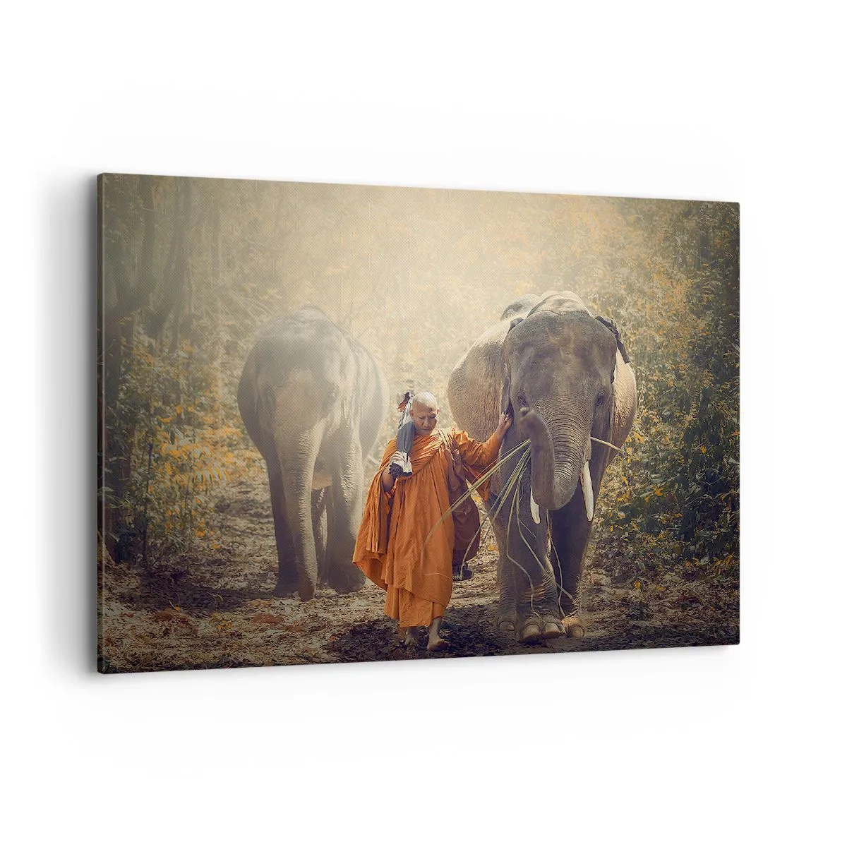 Impression sur toile - Image sur toile - Un moine en robe orange conduit un éléphant dans la forêt. - 100x70cm - Compréhension totale - Décoration murale moderne pour le salon et la chambre ARTTOR