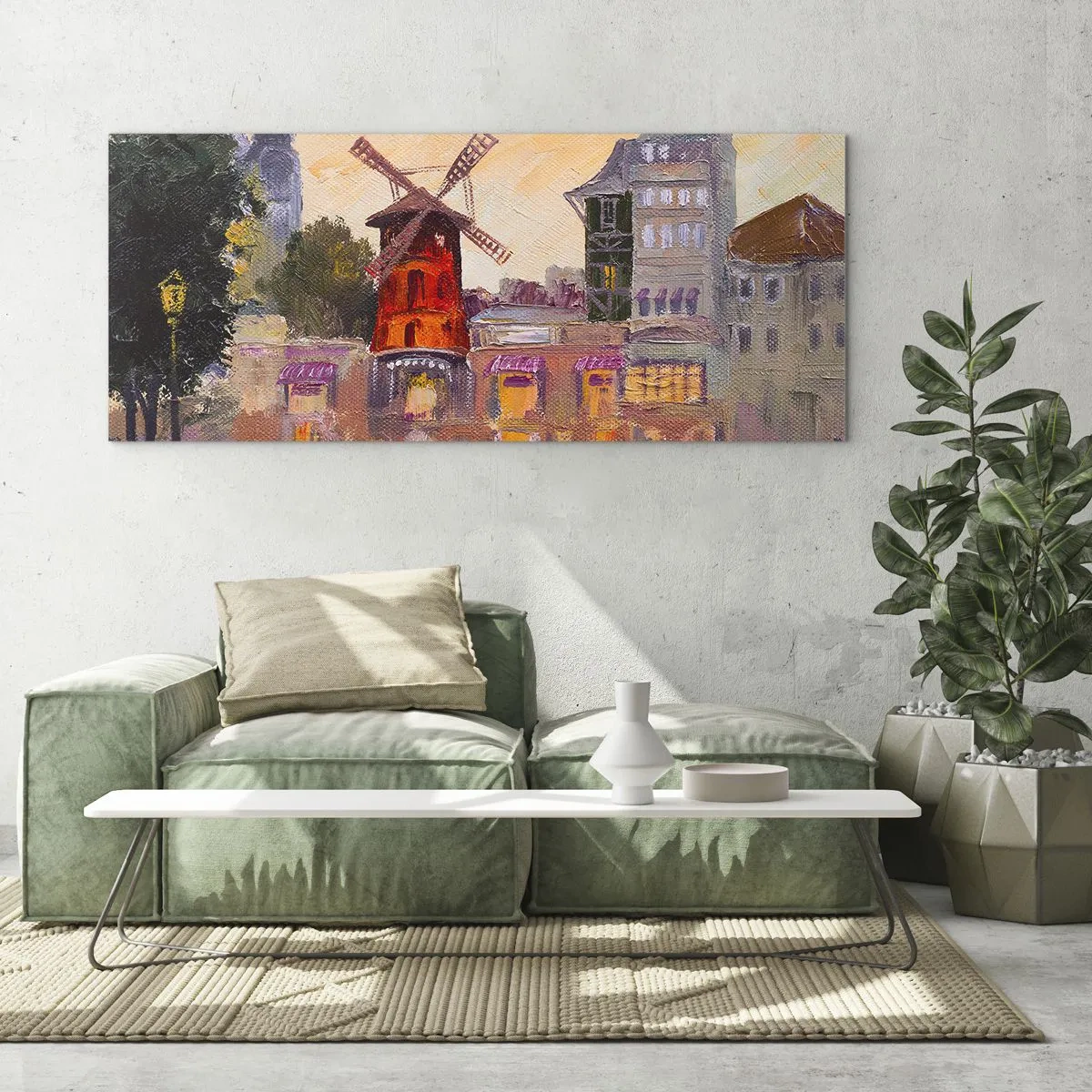 Impression sur verre - Image sur verre - Le moulin à vent rouge du Moulin Rouge entouré par le paysage urbain - 120x50cm - Icones parisiennes – le Moulin rouge - Décoration murale moderne pour le salon et la chambre ARTTOR