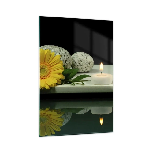 Impression sur verre - Image sur verre - Fleur jaune, bougies et pierres sur fond d'eau - 80x120cm - Apaisement des sens - Décoration murale moderne pour le salon et la chambre ARTTOR