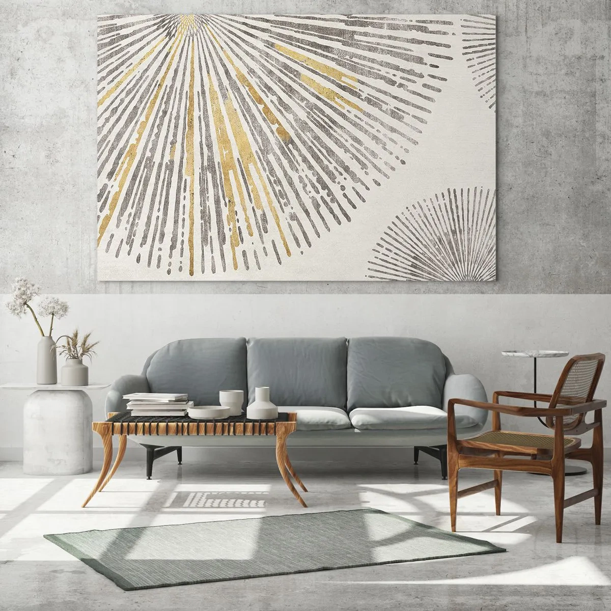 Impression sur verre - Image sur verre - Lignes radiales dans des tons dorés et gris sur fond clair - 120x80cm - La beauté du rayon - Décoration murale moderne pour le salon et la chambre ARTTOR