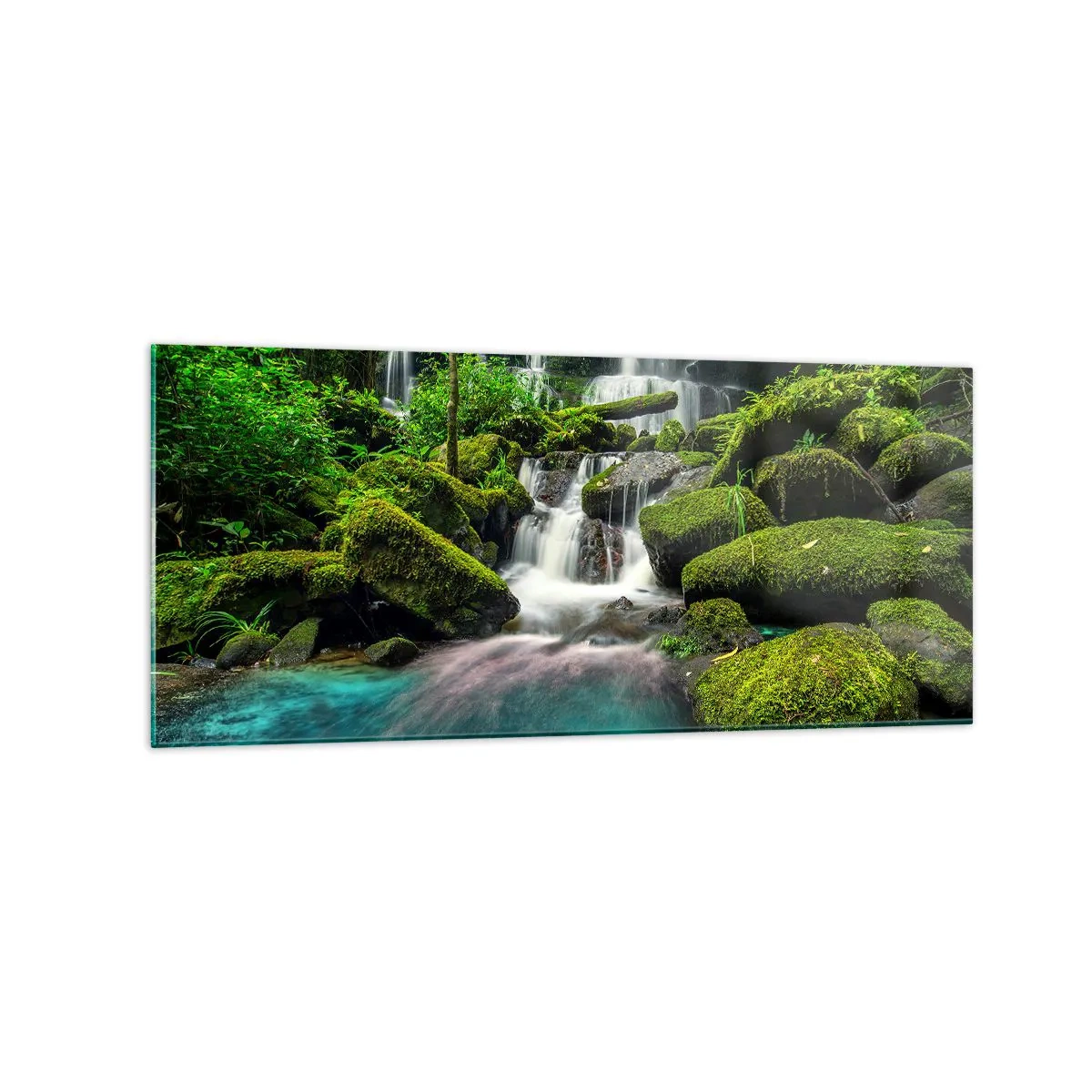 Impression sur verre - Image sur verre - Une cascade tropicale entourée de verdure et d'eau turquoise - 120x50cm - Turquoise, saphirs et argent liquide - Décoration murale moderne pour le salon et la chambre ARTTOR