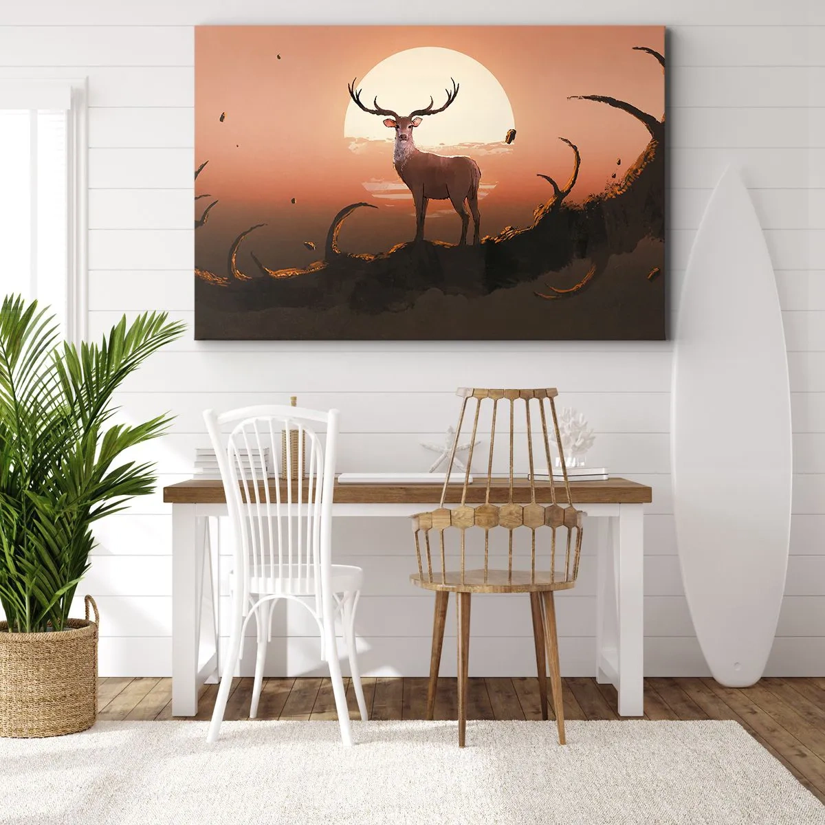 Impression sur toile - Image sur toile - Un cerf sur fond de soleil couchant et un paysage surréaliste - 70x50cm - Cette nuit ne ressemble à aucune autre - Décoration murale moderne pour le salon et la chambre ARTTOR