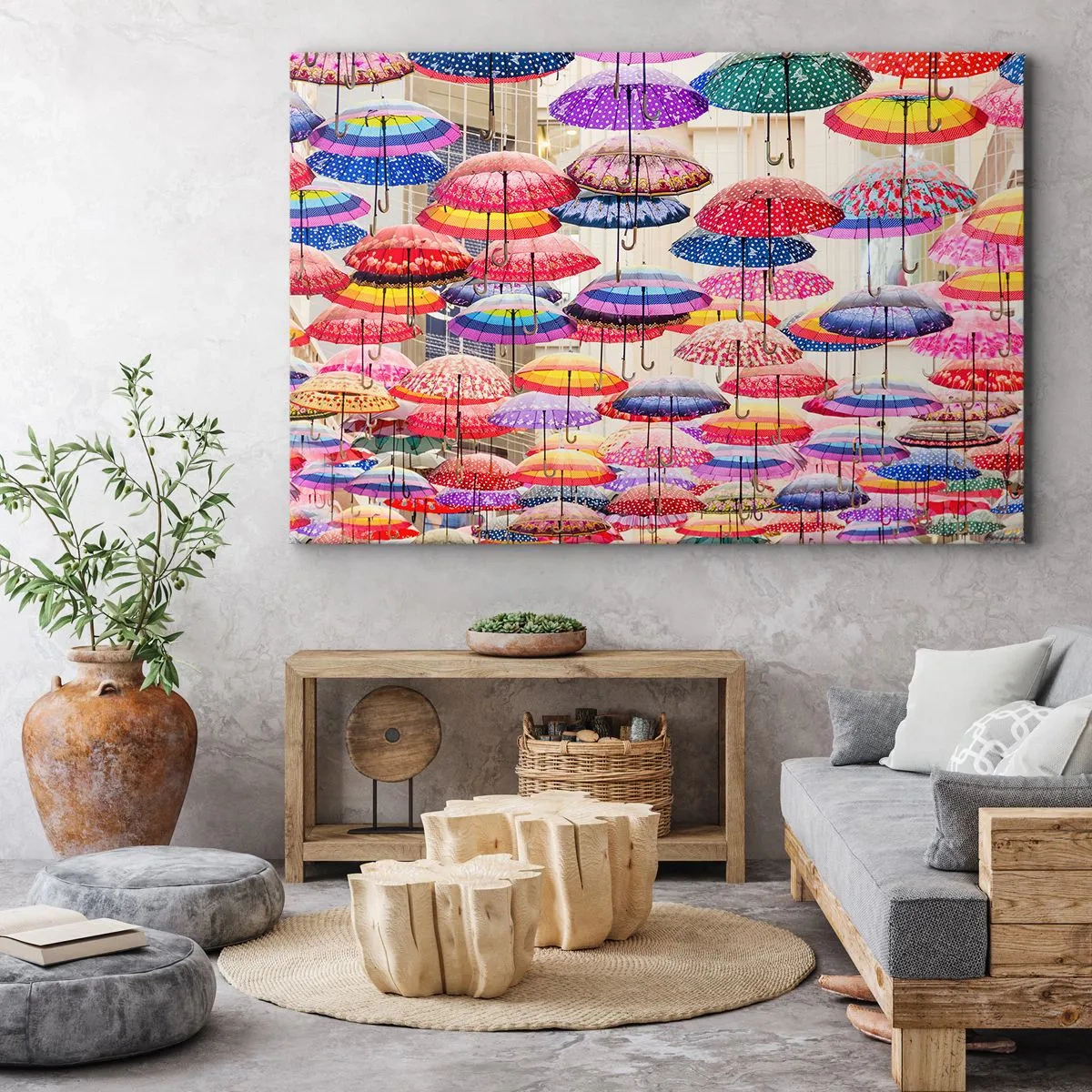 Impression sur toile - Image sur toile - Parapluies colorés suspendus dans les airs - 120x80cm - Prairie de la ville - Décoration murale moderne pour le salon et la chambre ARTTOR