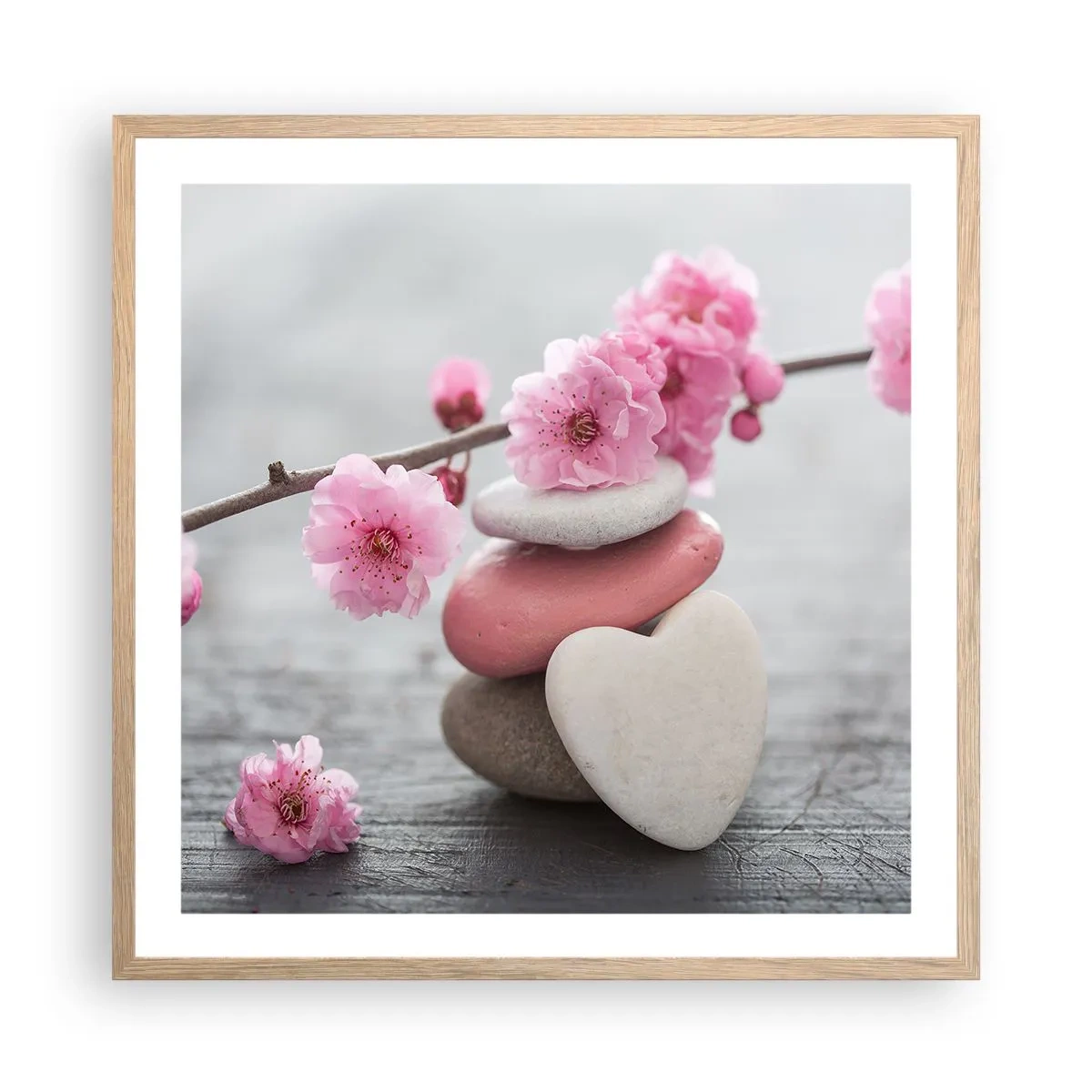 Affiche dans un chêne clair - Poster - Le bonheur avec une fleur de cerisier - 60x60 cm