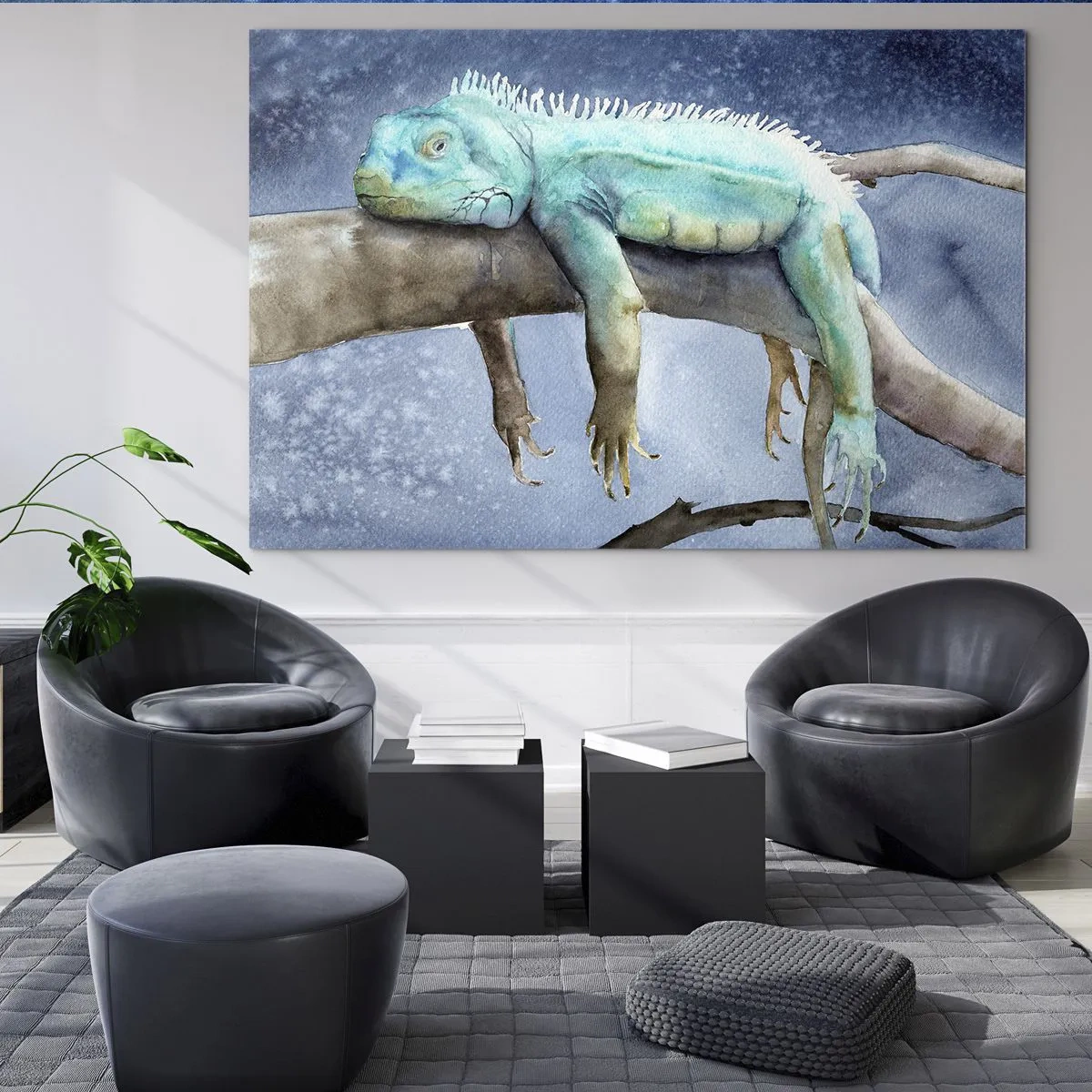 Impression sur verre - Image sur verre - Iguane bleu couché sur une branche dans un style aquarelle - 70x50cm - Tout va bien! - Décoration murale moderne pour le salon et la chambre ARTTOR