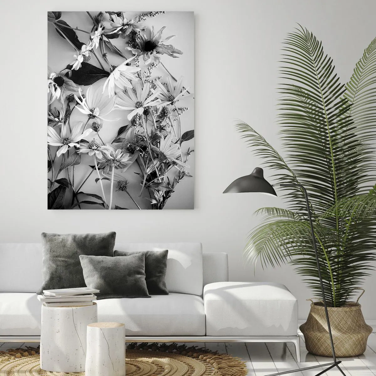 Impression sur verre - Image sur verre - Fleurs noires et blanches dispersées dans un arrangement artistique - 50x70cm - Non-un bouquet de fleurs - Décoration murale moderne pour le salon et la chambre ARTTOR