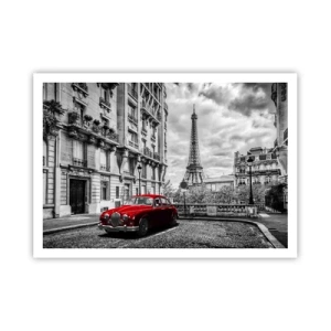 Affiche - Poster - Une voiture rouge avec la Tour Eiffel en arrière-plan dans un décor noir et blanc - 100x70cm - Prédateur dans la ville - Décoration murale moderne pour le salon et la chambre ARTTOR