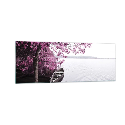 Impression sur verre - Image sur verre - Un bateau au bord d'un lac parmi des arbres roses - 140x50cm - Dans un silence rose - Décoration murale moderne pour le salon et la chambre ARTTOR