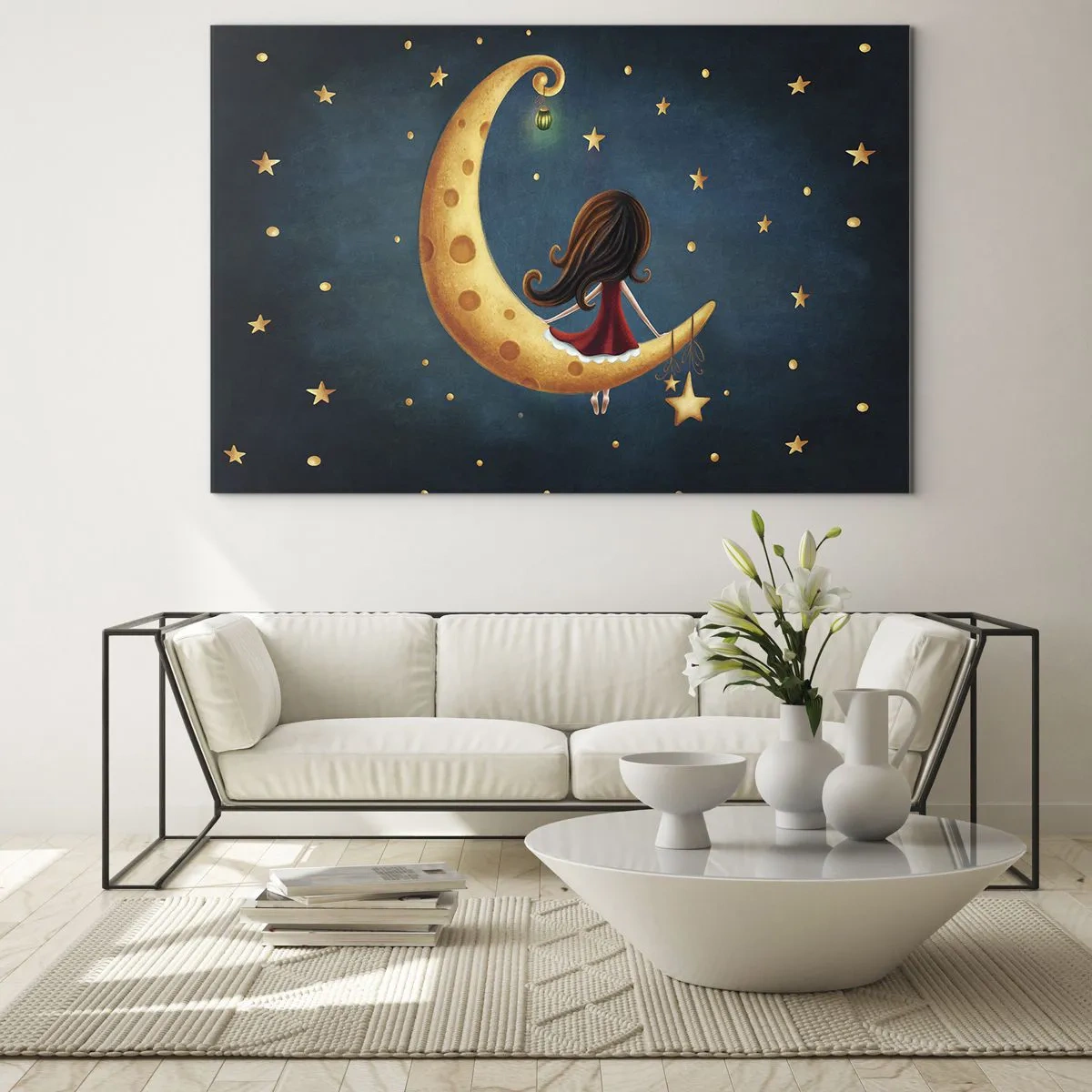 Impression sur verre - Image sur verre - Une fille sur la lune parmi les étoiles sur un fond bleu marine - 120x80cm - Il était une fois... - Décoration murale moderne pour le salon et la chambre ARTTOR