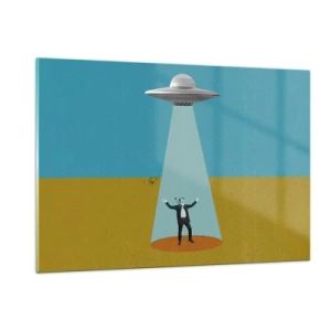 Impression sur verre - Image sur verre - Un homme à la lumière d'une soucoupe spatiale sur un fond coloré - 120x80cm - Rencontre proche - Décoration murale moderne pour le salon et la chambre ARTTOR