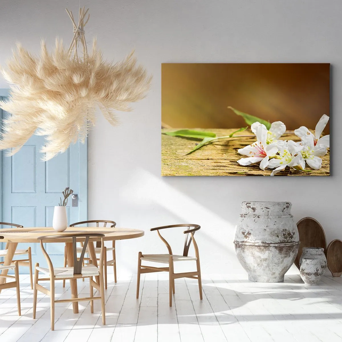 Impression sur toile - Image sur toile - Fleurs blanches sur fond de bois à la lumière naturelle - 100x70cm - Une promesse innocente - Décoration murale moderne pour le salon et la chambre ARTTOR