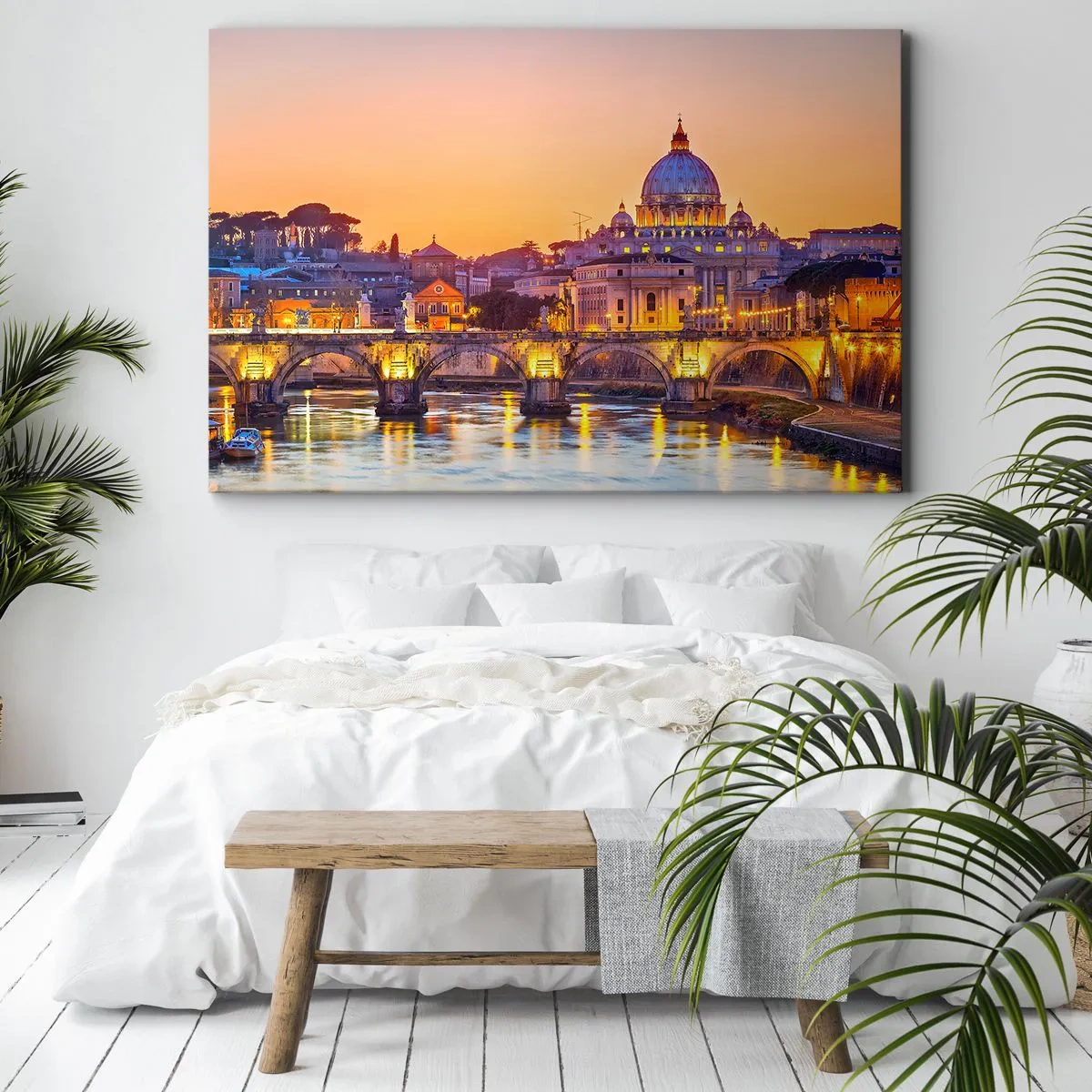 Impression sur toile - Image sur toile - Panorama du Vatican au coucher du soleil avec un pont sur la rivière - 100x70cm - Coucher de soleil sur la ville éternelle - Décoration murale moderne pour le salon et la chambre ARTTOR