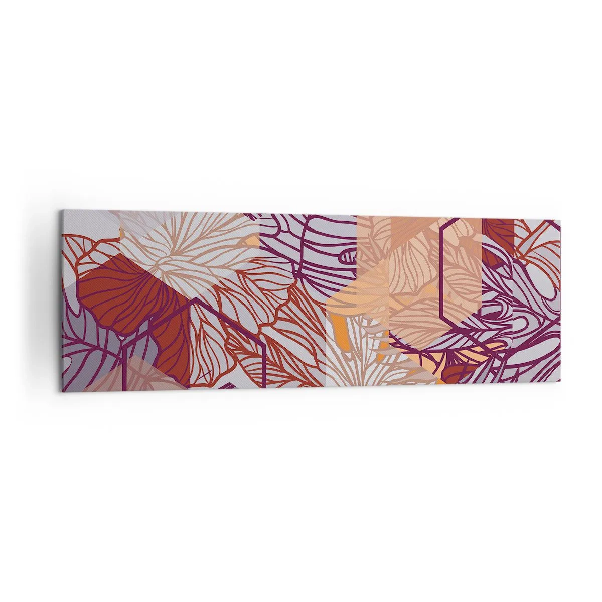 Impression sur toile - Image sur toile - Un motif décoratif de feuilles tropicales dans des tons de violet, d'orange et de beige. - 160x50cm - Relation impossible entre la géométrie et la nature - Décoration murale moderne pour le salon et la chambre ARTT