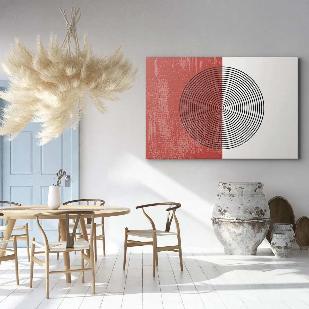 Impression sur toile - Image sur toile - Motif géométrique avec des cercles concentriques sur un fond rouge et blanc - 100x70cm - Dans le mille - Décoration murale moderne pour le salon et la chambre ARTTOR