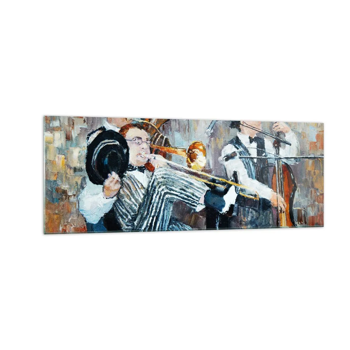 Impression sur verre - Image sur verre - Des musiciens de jazz dans un style pictural lors d'un concert - 140x50cm - C'est tout le Jazz - Décoration murale moderne pour le salon et la chambre ARTTOR