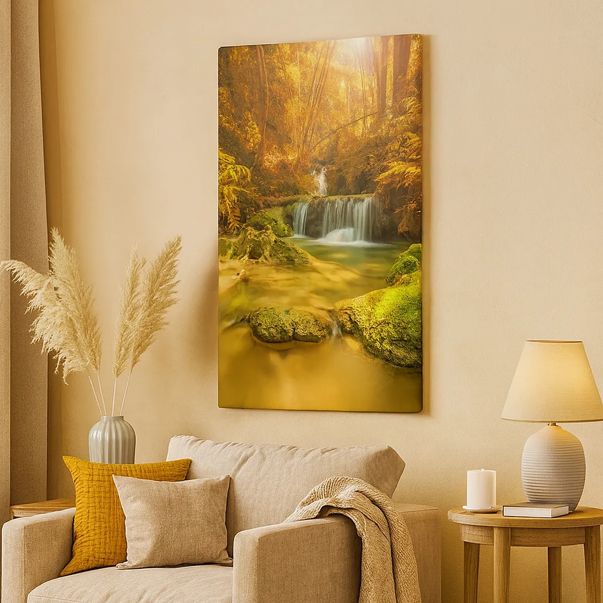 Impression sur toile - Image sur toile - Une cascade dorée dans une forêt d'automne entourée de verdure - 50x70cm - Cascade de forêt en or - Décoration murale moderne pour le salon et la chambre ARTTOR