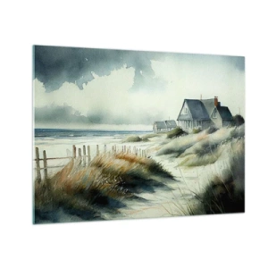 Impression sur verre - Image sur verre - Maisons de dunes en bord de mer sous un ciel nuageux - 70x50cm - Loin de l'agitation - Décoration murale moderne pour le salon et la chambre ARTTOR