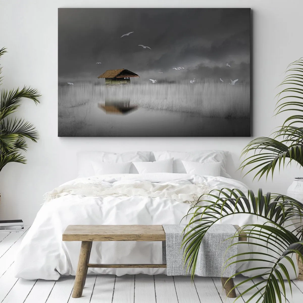 Impression sur toile - Image sur toile - Un chalet solitaire sur l'eau entouré de brouillard et d'oiseaux - 100x70cm - A l'abri de la pluie - Décoration murale moderne pour le salon et la chambre ARTTOR