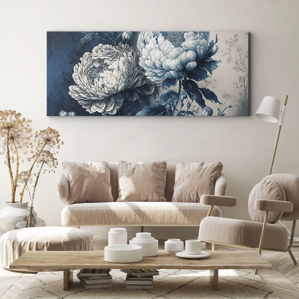 Impression sur toile - Image sur toile - Pivoines bleues sur un fond subtil avec un motif délicat - 140x50cm - Paire assortie - Décoration murale moderne pour le salon et la chambre ARTTOR