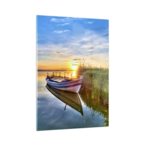 Impression sur verre - Image sur verre - Un bateau amarré au bord d'un lac au coucher du soleil - 50x70cm - La crique où les rêves deviennent réalité - Décoration murale moderne pour le salon et la chambre ARTTOR
