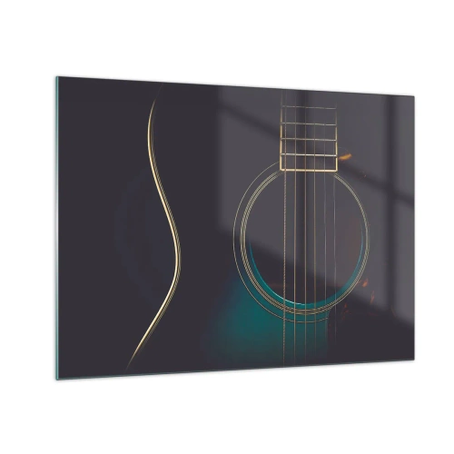 Impression sur verre - Image sur verre - Gros plan d'une guitare acoustique noire avec détails des cordes - 70x50cm - Le calme avant la tempête - Décoration murale moderne pour le salon et la chambre ARTTOR