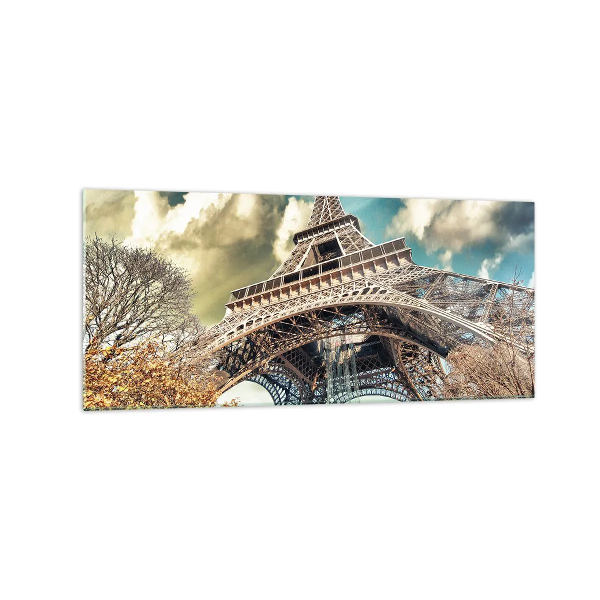 Impression sur verre - Image sur verre - La Tour Eiffel vue d'en bas dans un décor automnal - 120x50cm - Et en automne à Paris... - Décoration murale moderne pour le salon et la chambre ARTTOR