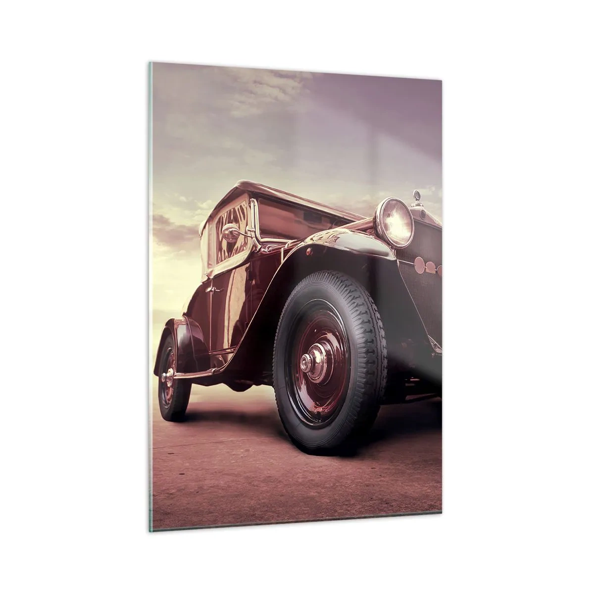 Impression sur verre - Image sur verre - Voiture classique emblématique aux tons sépia en plein air - 50x70cm - Revenons au bon vieux temps... - Décoration murale moderne pour le salon et la chambre ARTTOR