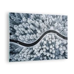 Impression sur verre - Image sur verre - Une route sinueuse à travers une forêt hivernale vue depuis un drone - 70x50cm - À travers une forêt d'hiver - Décoration murale moderne pour le salon et la chambre ARTTOR