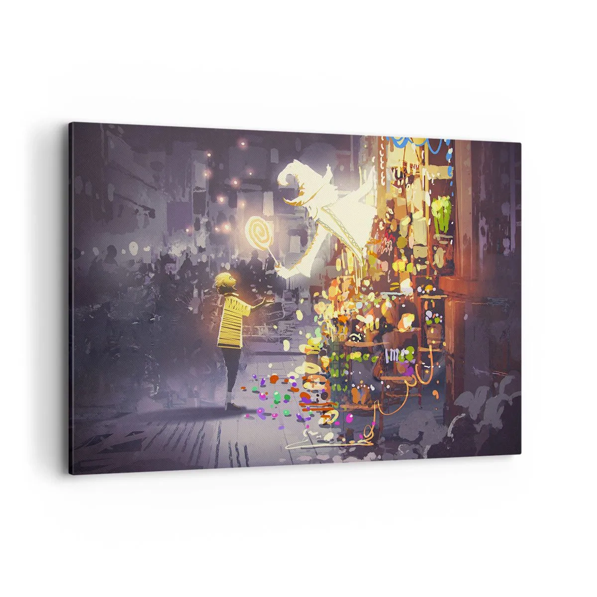 Impression sur toile - Image sur toile - Un personnage de conte de fées et un enfant dans une rue pleine de lumières et de magie - 120x80cm - La magie existe - Décoration murale moderne pour le salon et la chambre ARTTOR