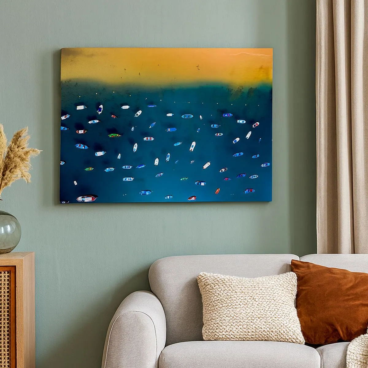Impression sur toile - Image sur toile - Vue aérienne de bateaux sur l'eau et d'un rivage sablonneux - 70x50cm - Jeu de vacances - Décoration murale moderne pour le salon et la chambre ARTTOR